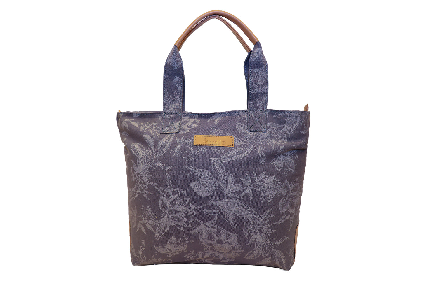 Market tote in grey print canvas and leather handles