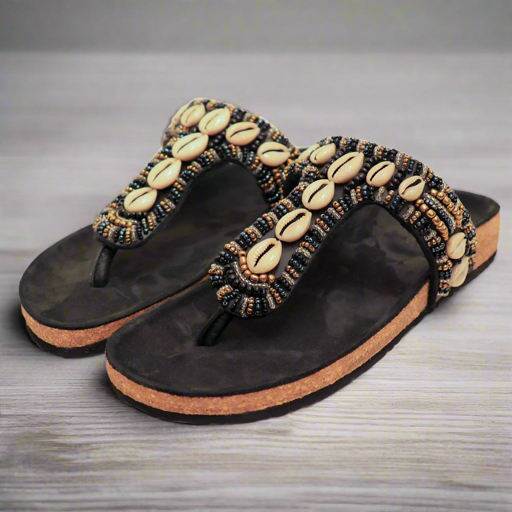 Ayana black cork sandal with cork footbed and beaded upper