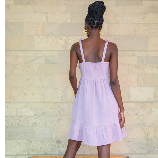 Mchana strappy dress in Lavender with adjustable tie straps and elasticated back in double cheesecloth made by Ikwetta a Kenyan artisanal brand.