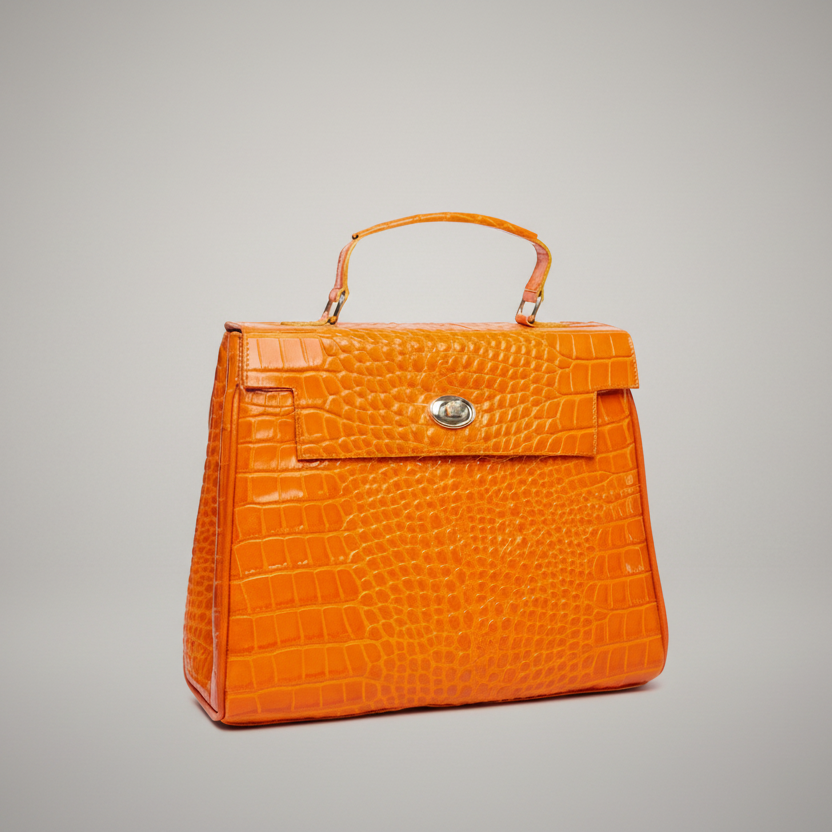 Sylvie satchel bag in orange crocodile print leather