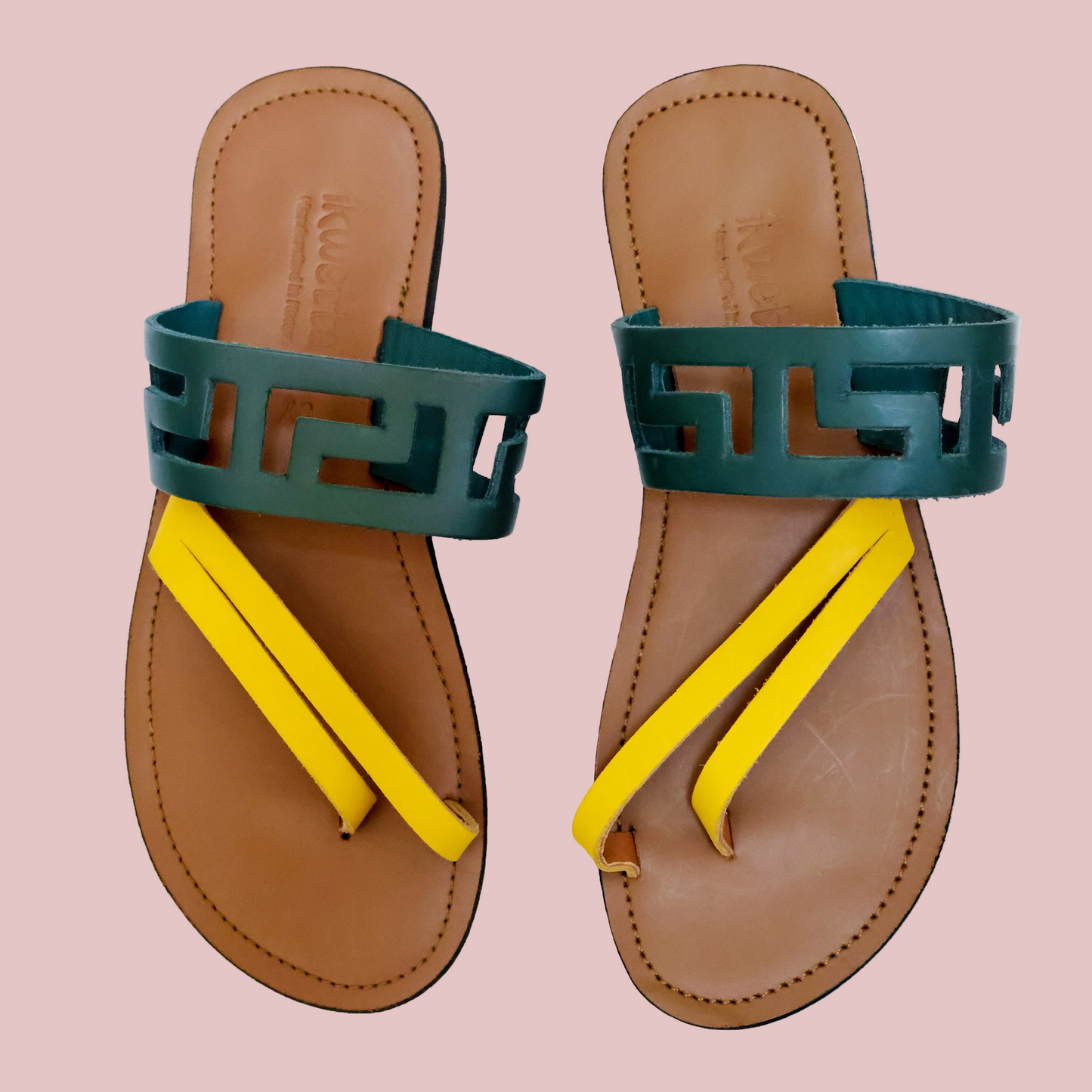 Rhea sandals with caramel smooth leather, green and yellow smooth leather straps