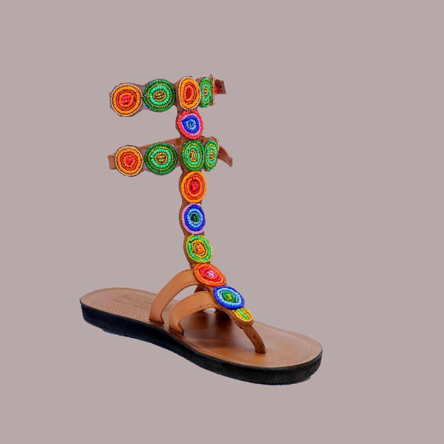 Fighter olympus gladiator sandals in caramel smooth leather with Maasai beaded straps