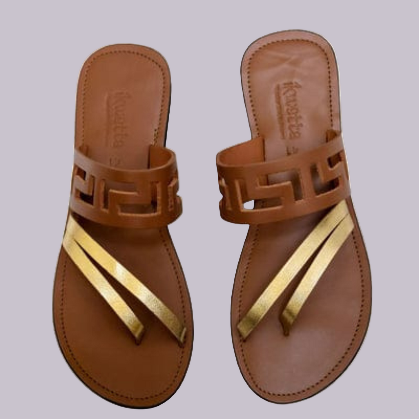 Halogen laser sandals in caramel smooth leather and gold foil straps