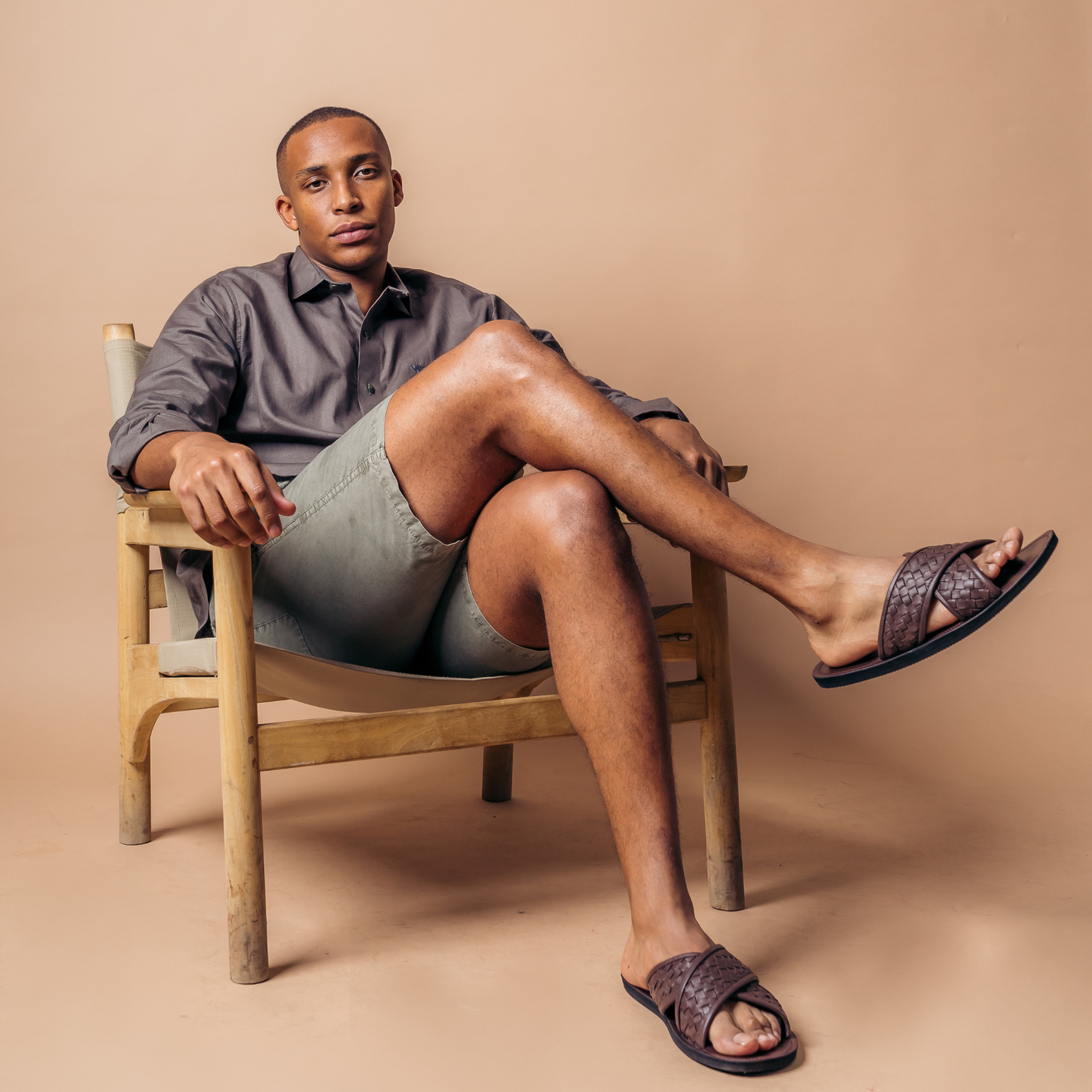 Diego slides in brown woven sheep leather and rubber soles