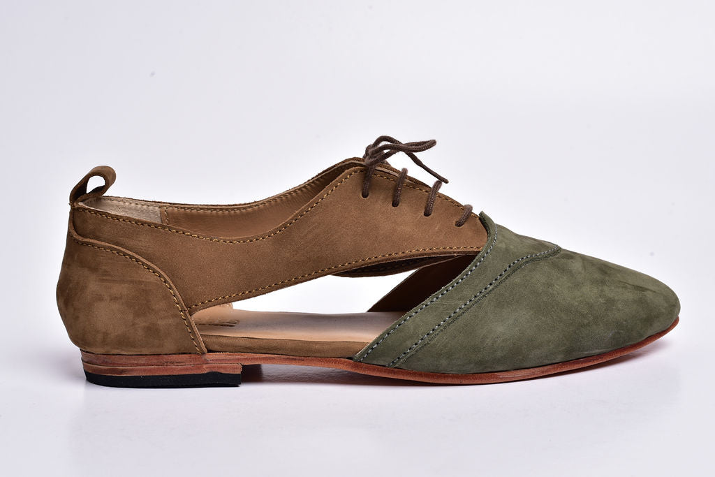 Alicia air shoes with caramel and olive green hunting suede