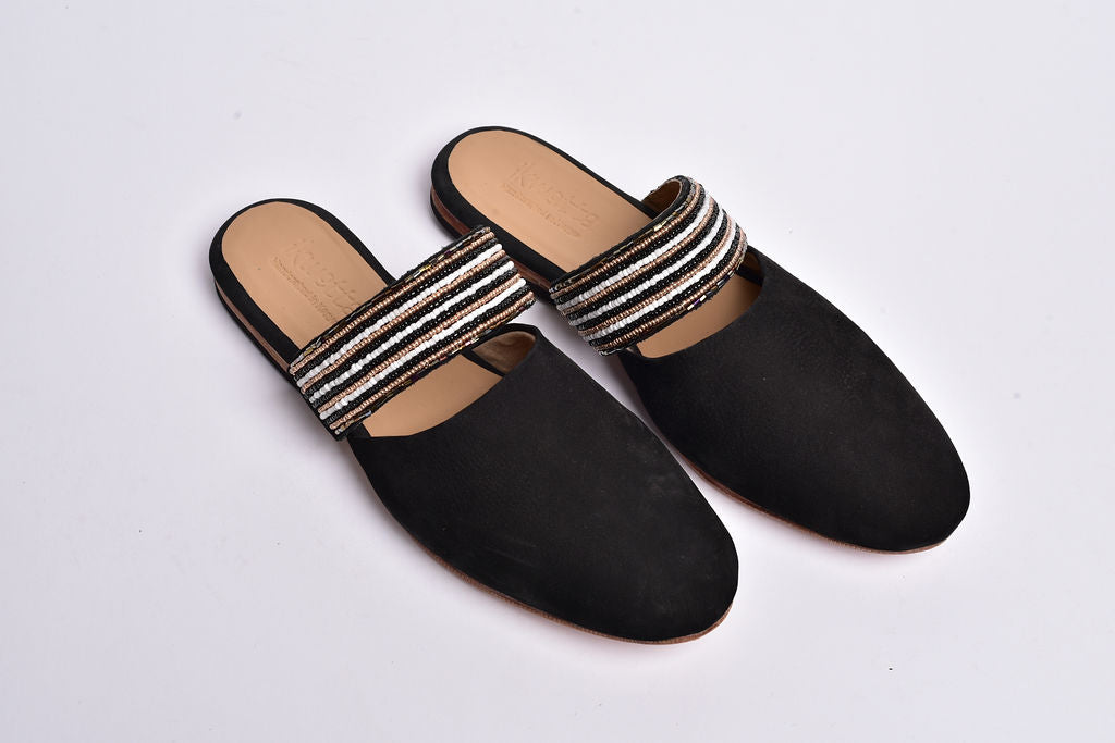 Beaded suede black mule with leather sole