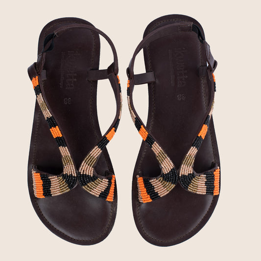 Alina sandals in Brown smooth and Maasai beaded upper straps