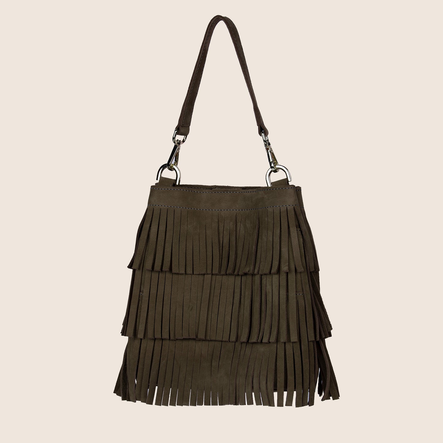 Fringe Bucket Bag in olive hunting suede with removable crossbody straps.