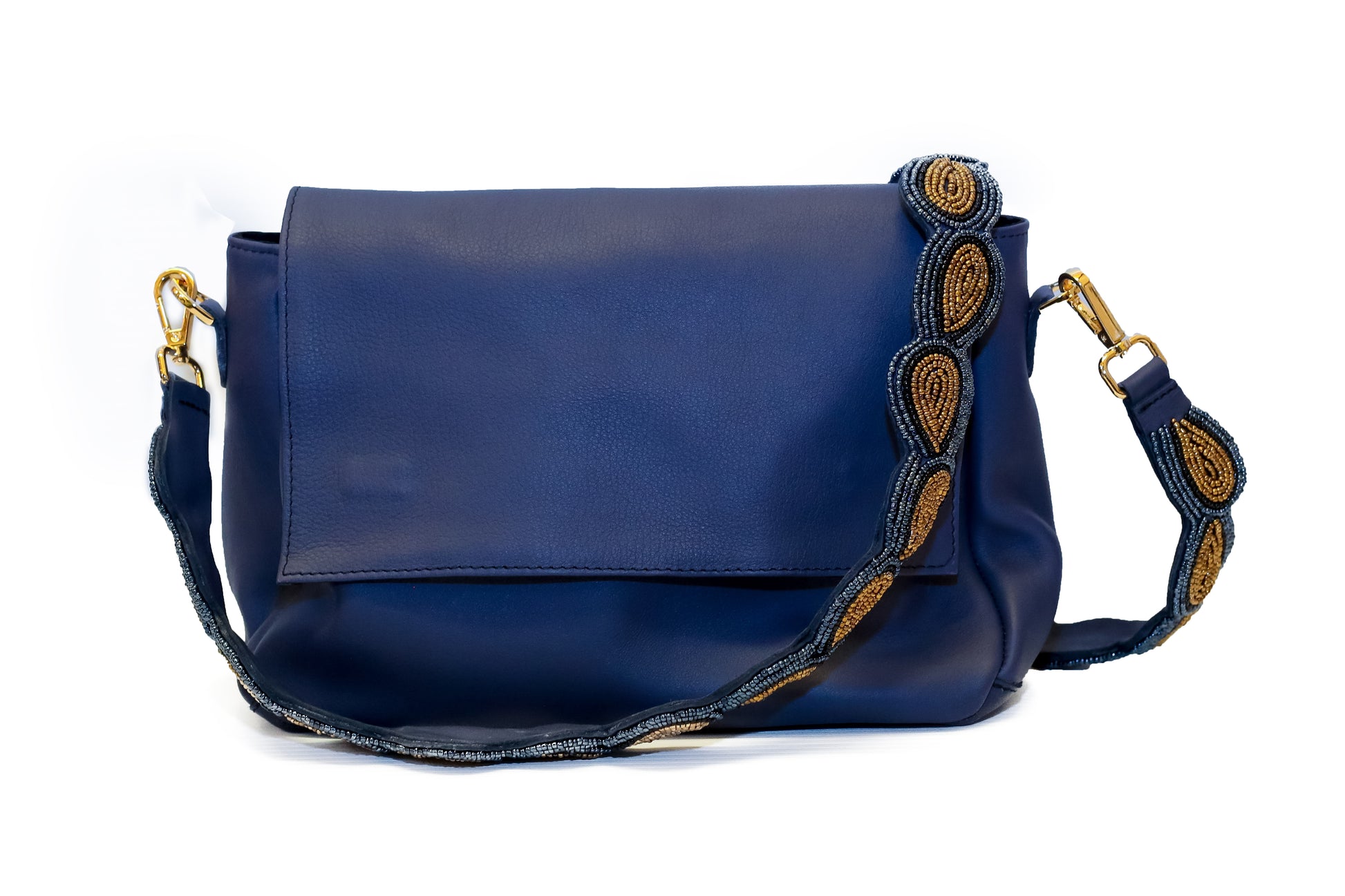 Providence bag in sky diver smooth leather with Maasai beaded crossbody strap
