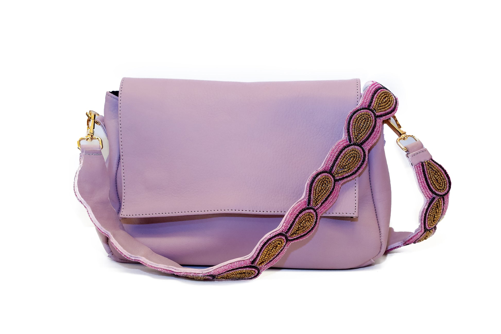 Providence bag in lupine smooth leather with Maasai beaded crossbody strap