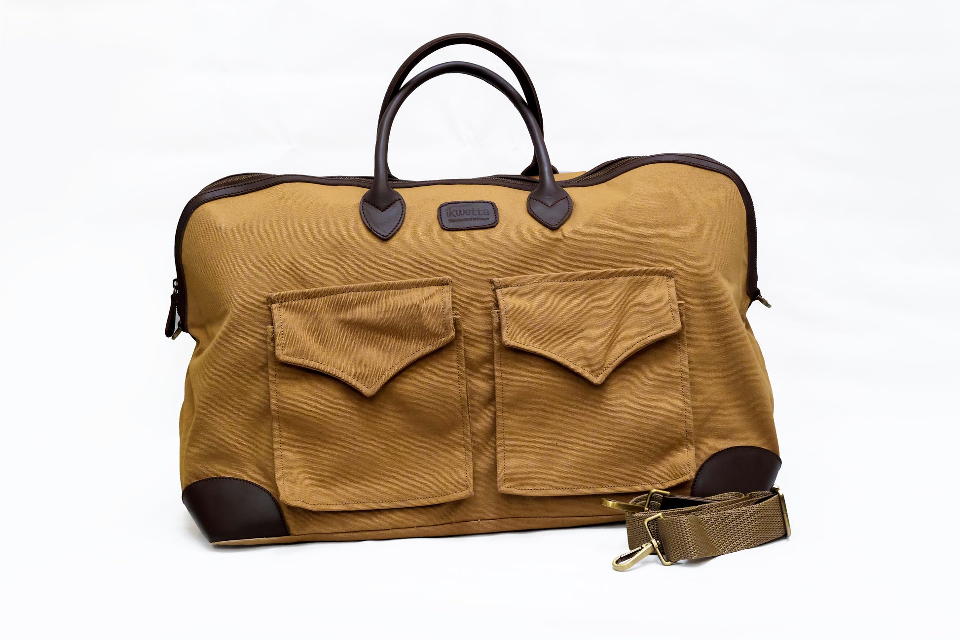 Gin weekender bag in tan canvas and brown smooth leather