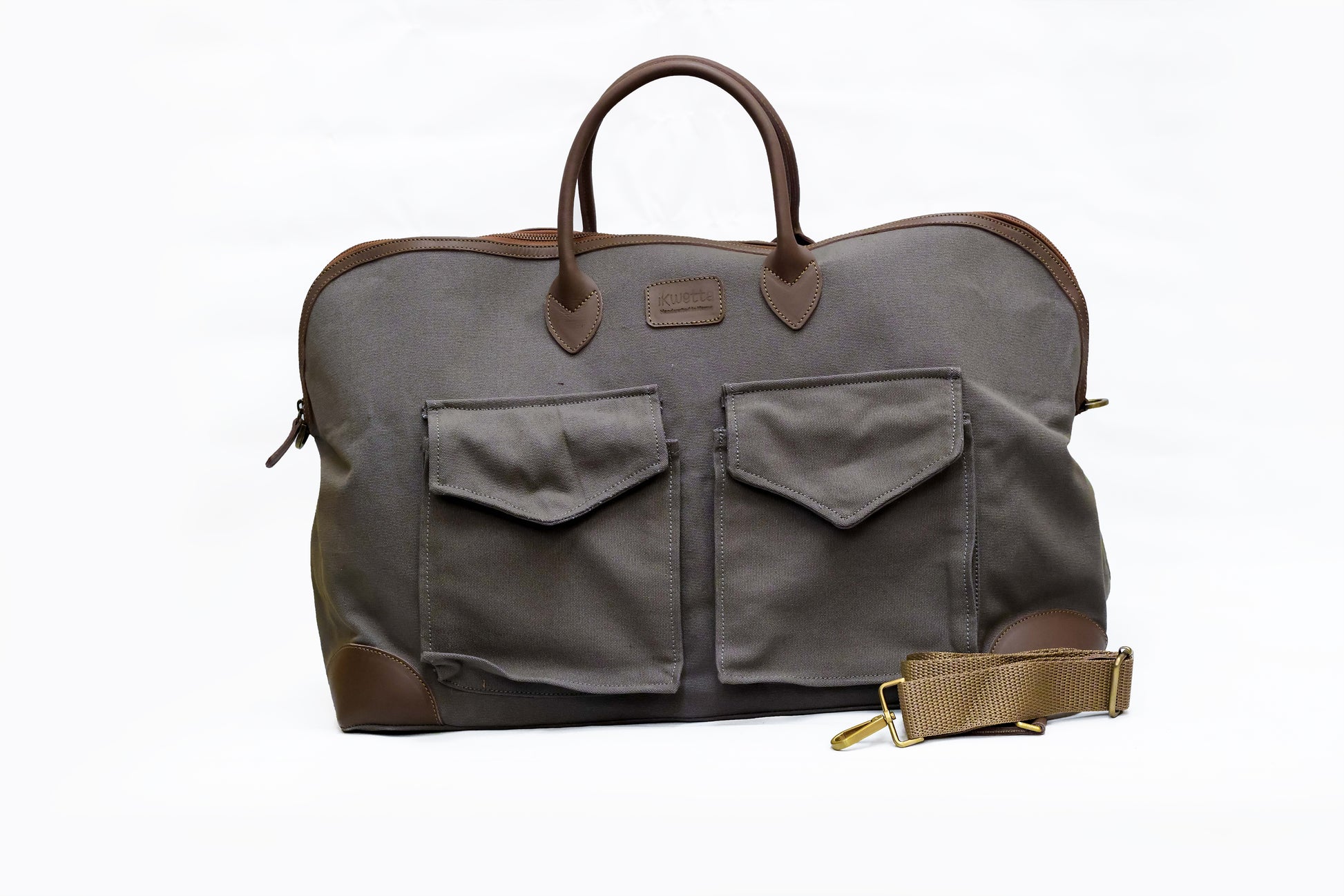 Gin weekender bag in grey canvas and brown smooth leather