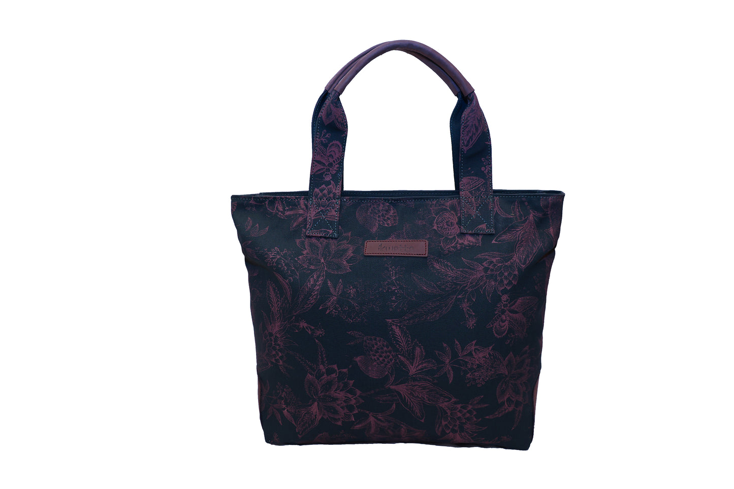 Market tote in green print canvas and leather handles