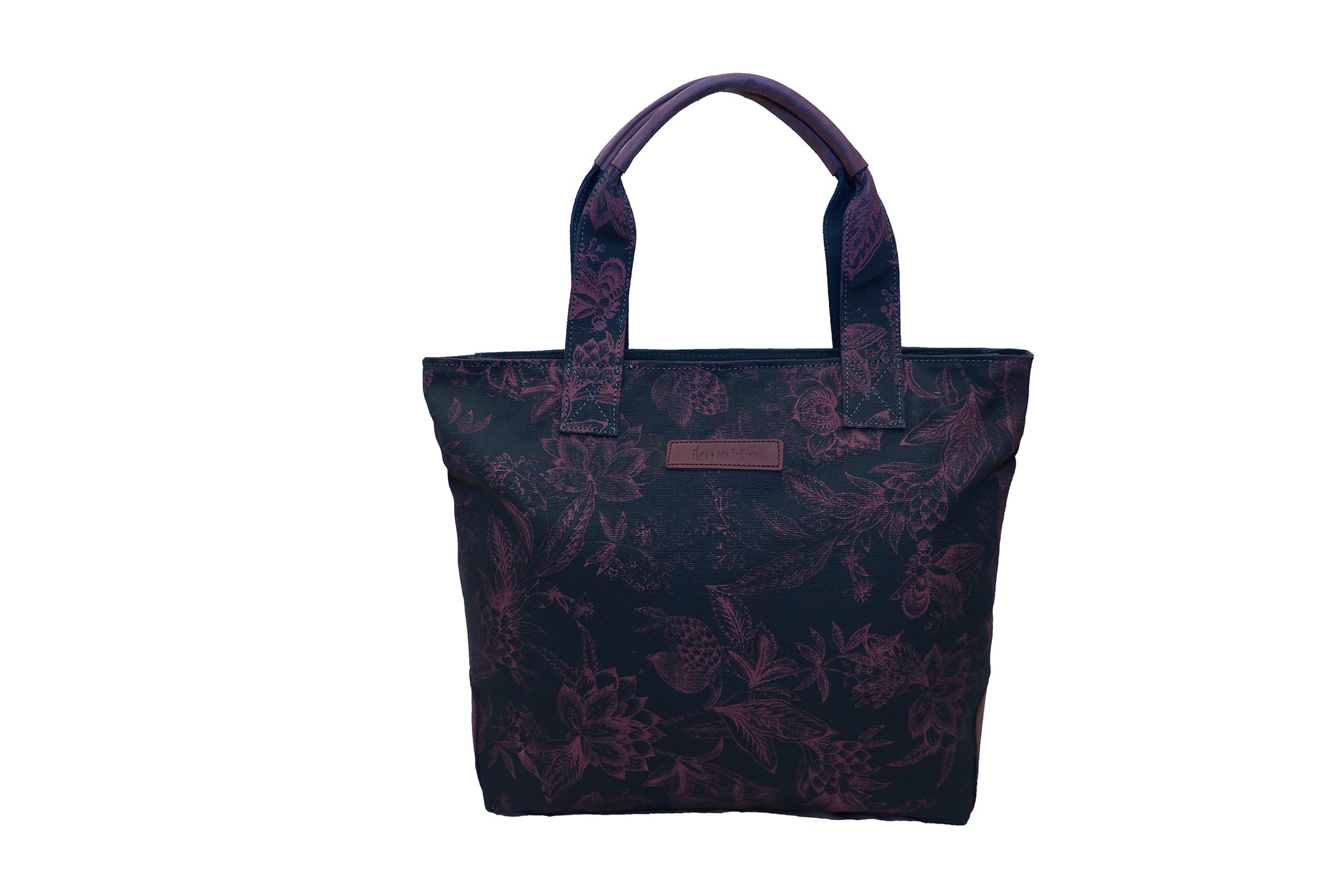 Market tote in green print canvas and leather handles