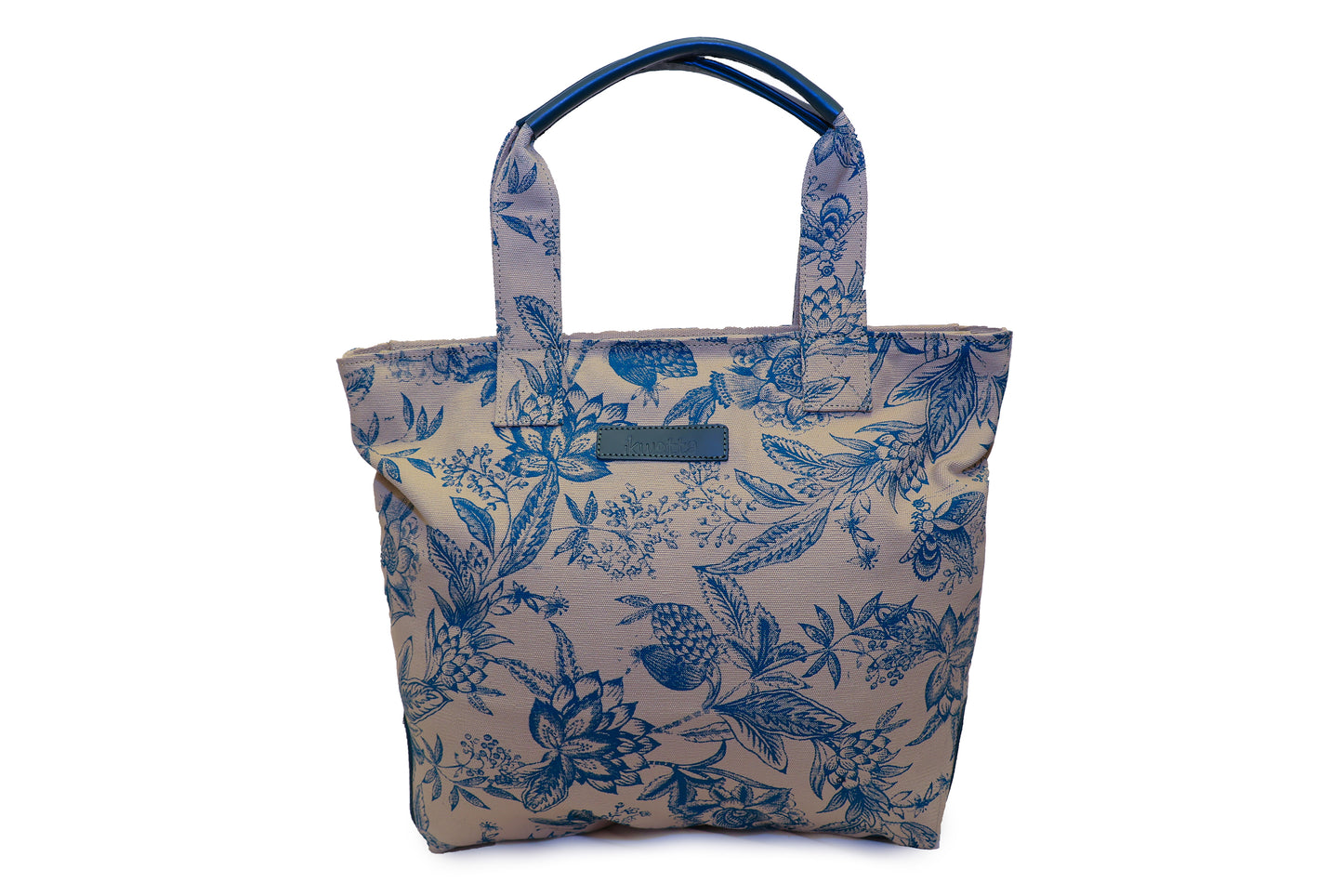 Market tote in natural print canvas and leather handles