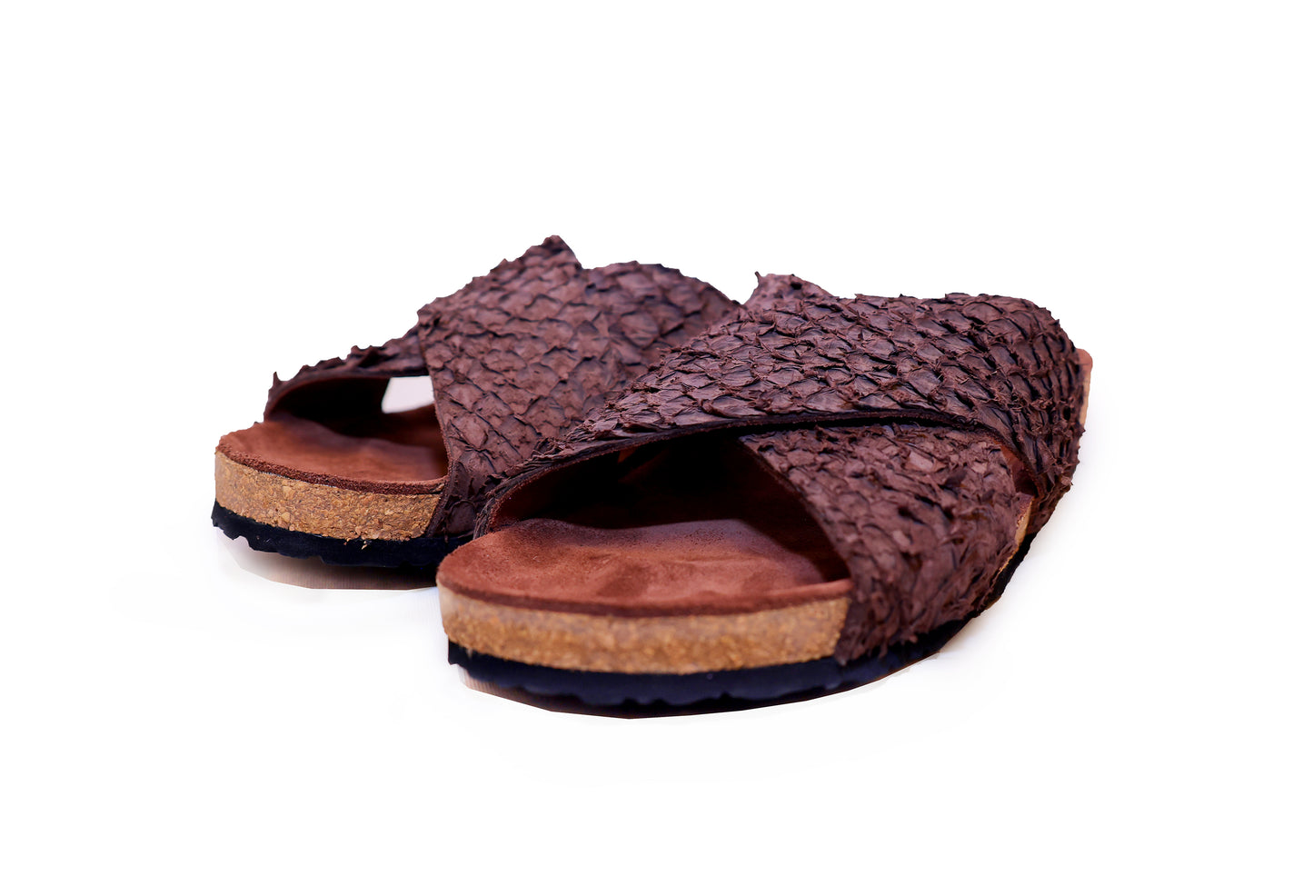Samia cork sandals in  ebony fish leather with cork footbed.