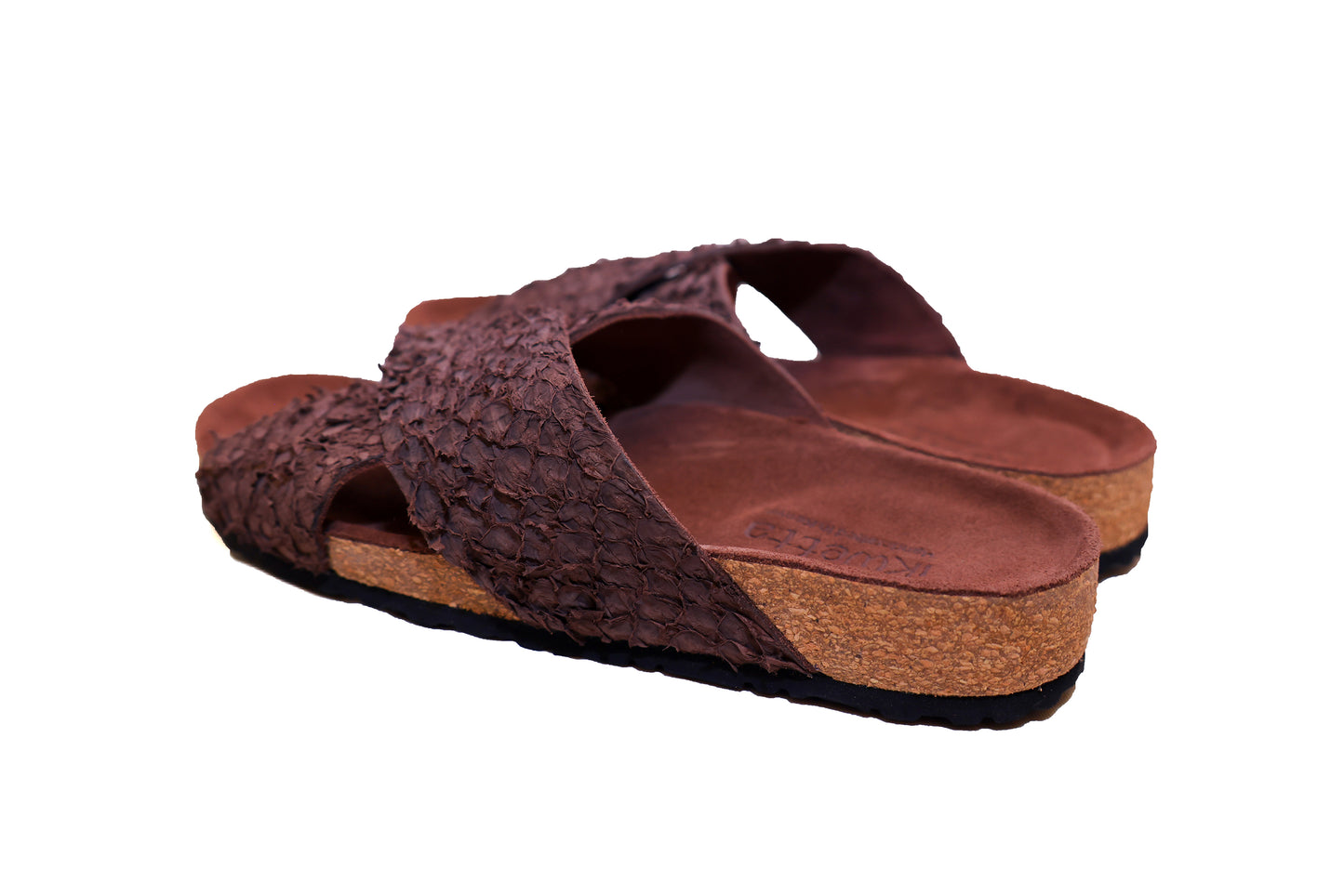 Samia cork sandals in ebony fish leather with cork footbed.