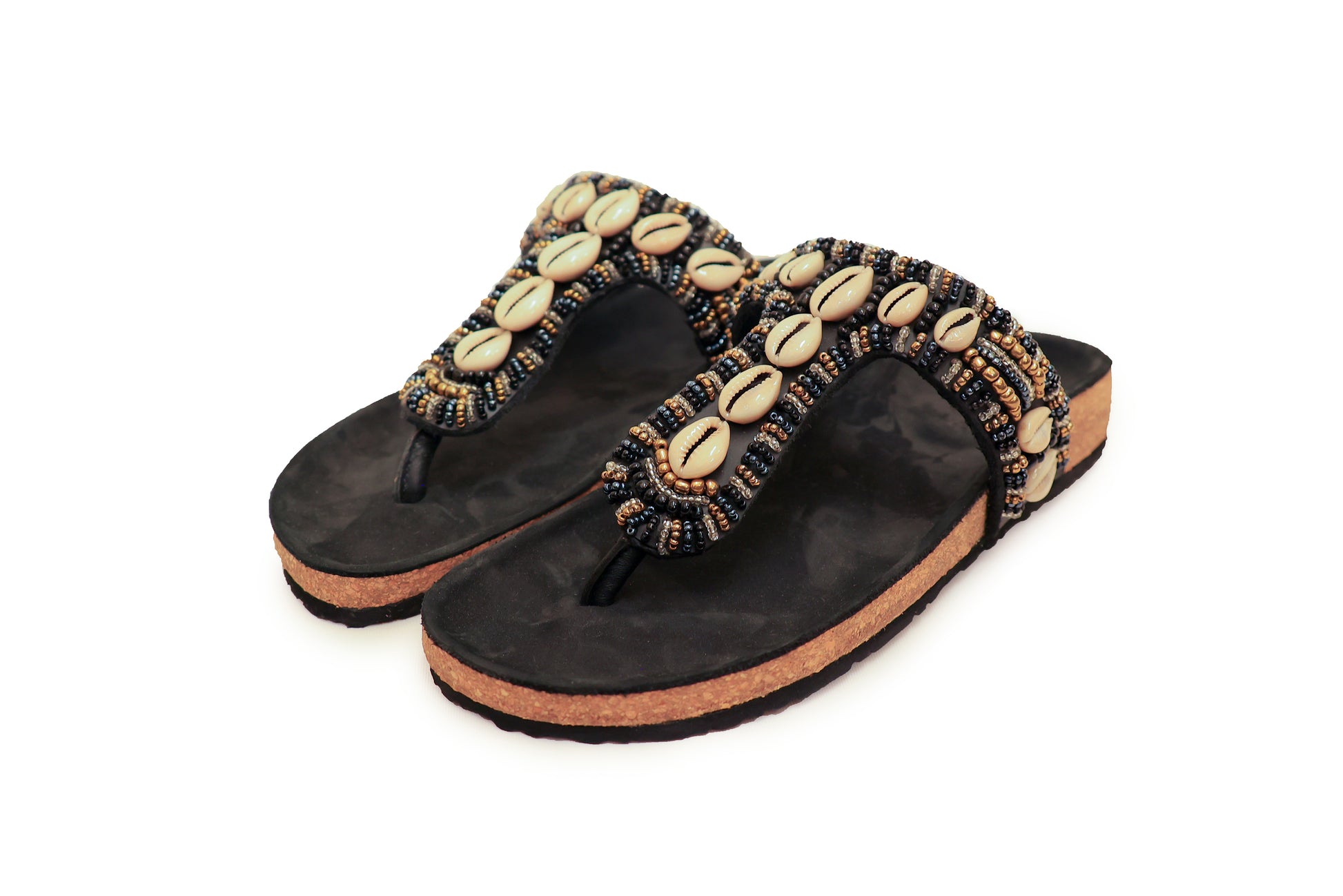 Ayana black cork sandal with cork footbed and beaded upper
