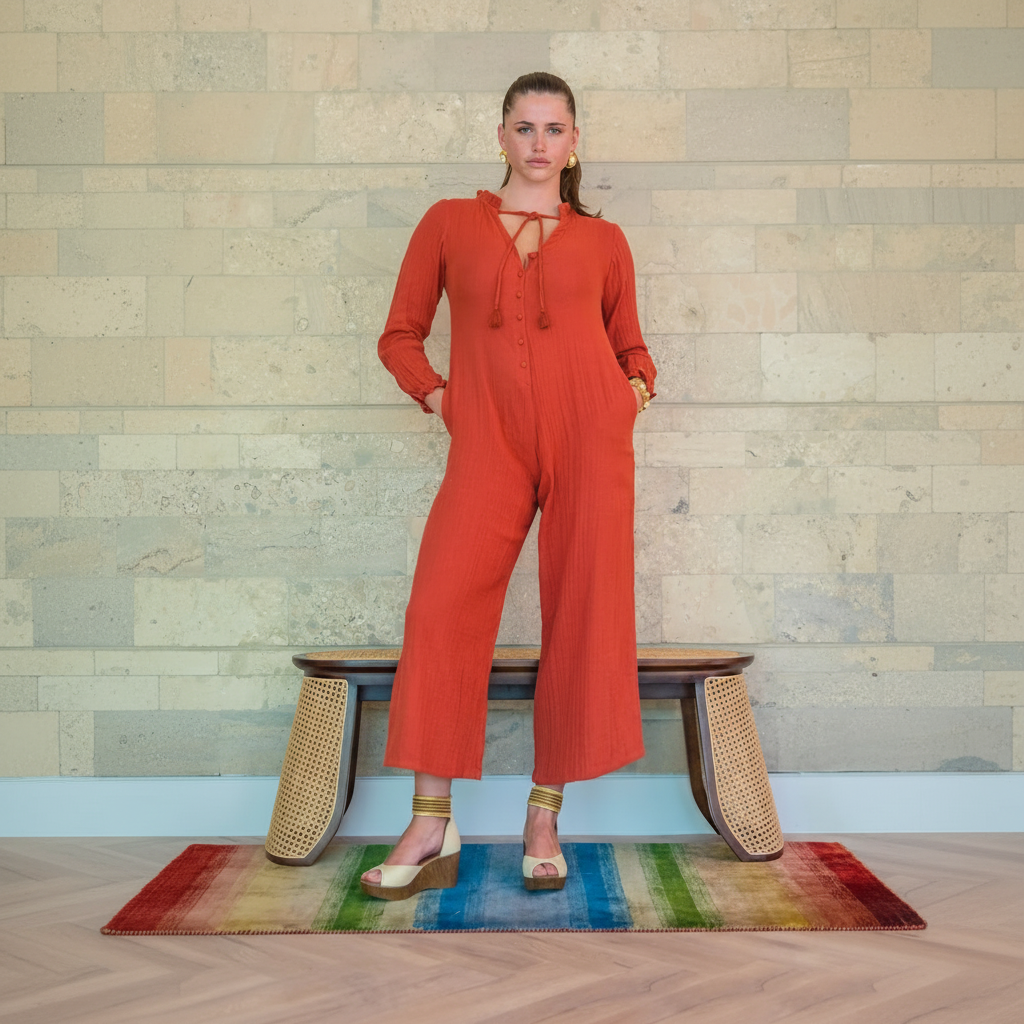 Terracotta Cairo jumpsuit crafted from soft, temperature-adaptive double cheesecloth.