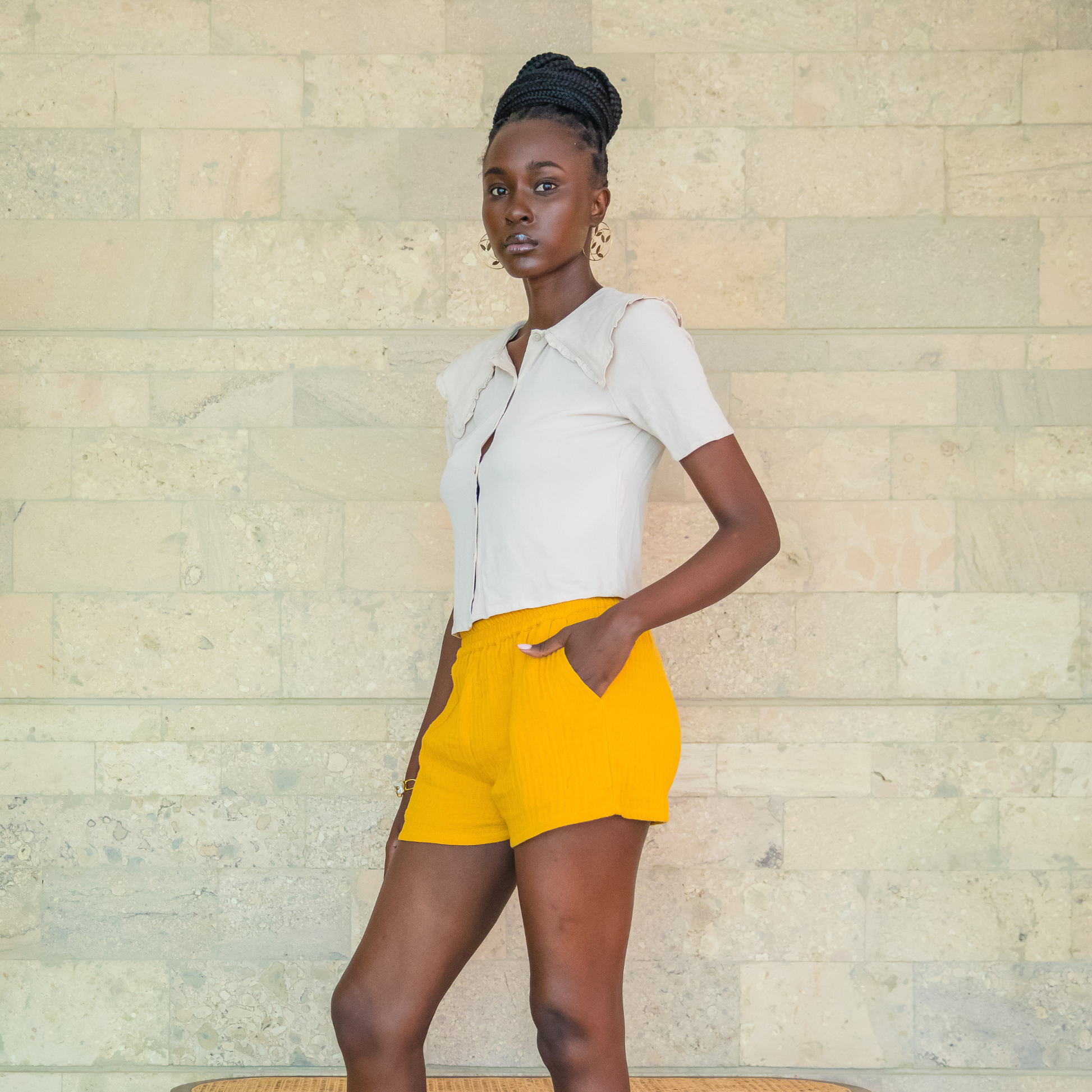 Golden Dusk Joto shorts crafted from soft double gauze fabric.