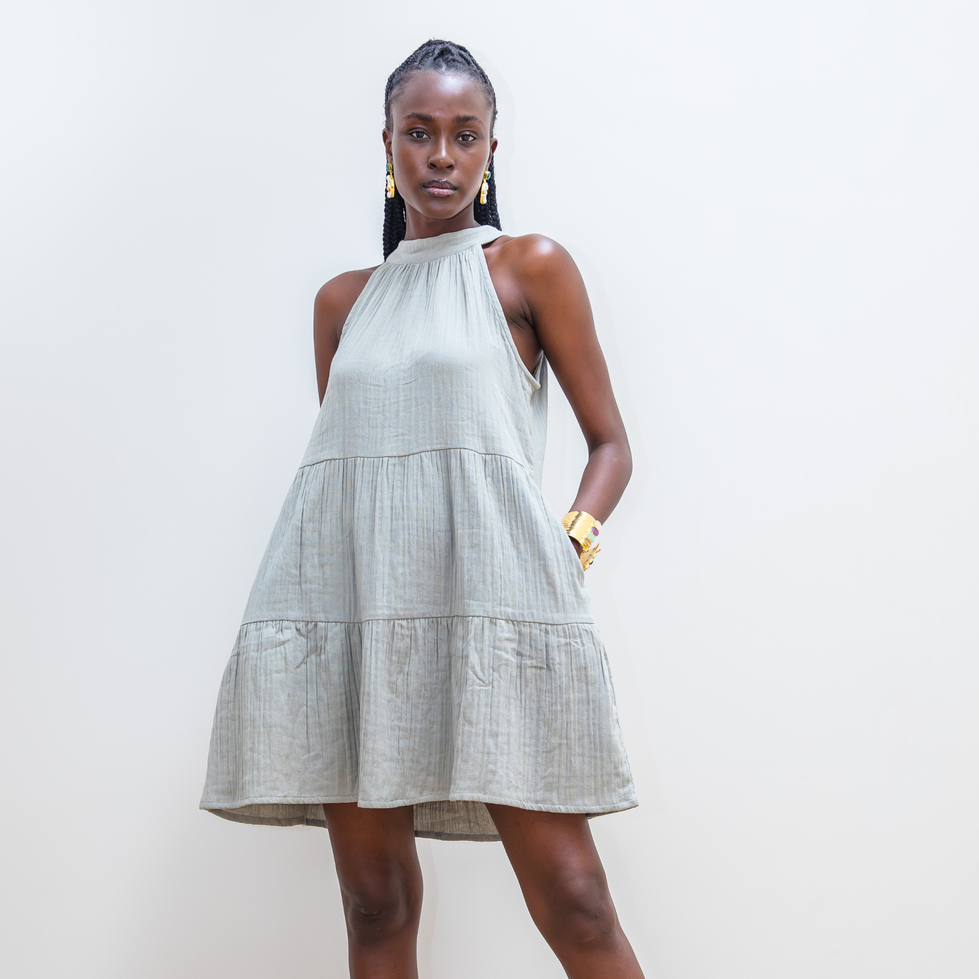 Jua halter dress in Greenery with back tie detail made from lightweight double cheesecloth