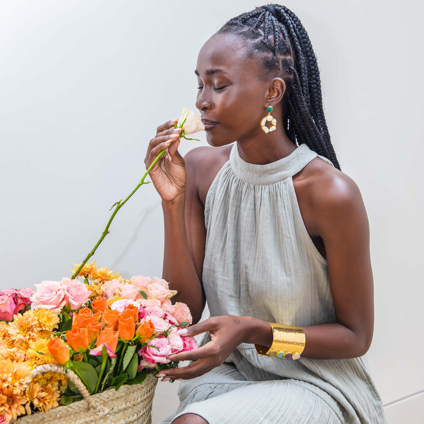 Jua halter dress in Greenery with back tie detail made from lightweight double cheesecloth