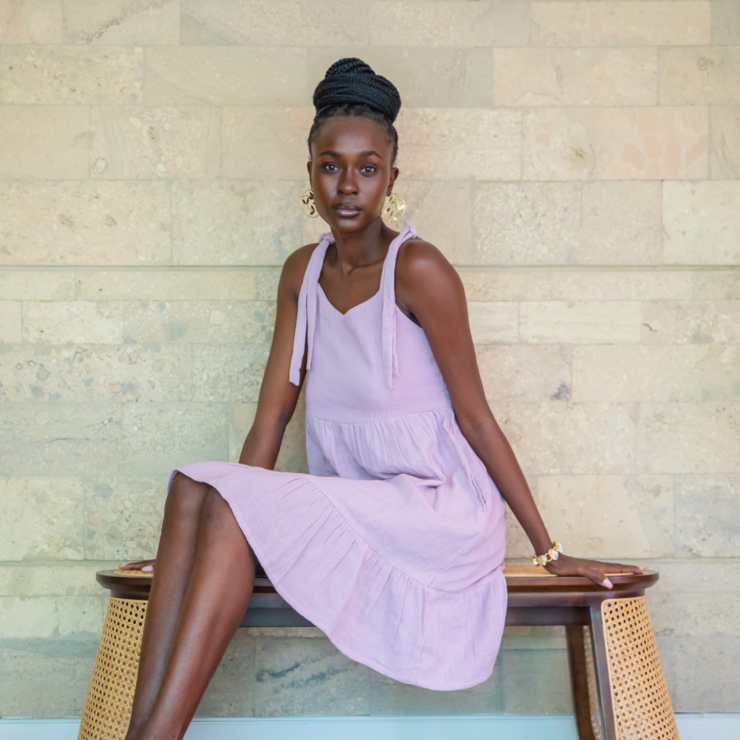 Mchana strappy dress in Lavender with adjustable tie straps and elasticated back in double cheesecloth.