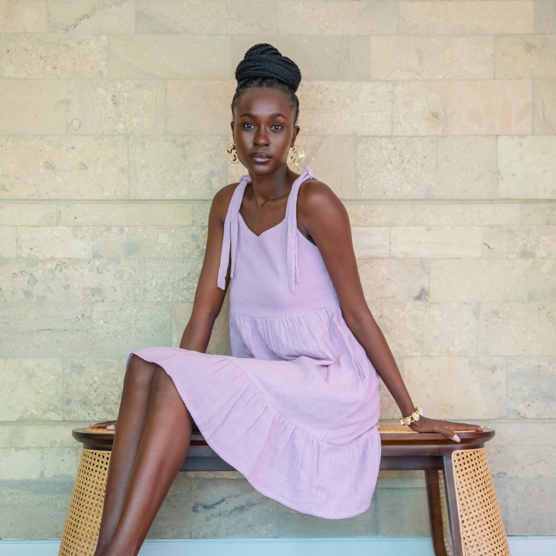 Mchana strappy dress in Lavender with adjustable tie straps and elasticated back in double cheesecloth.