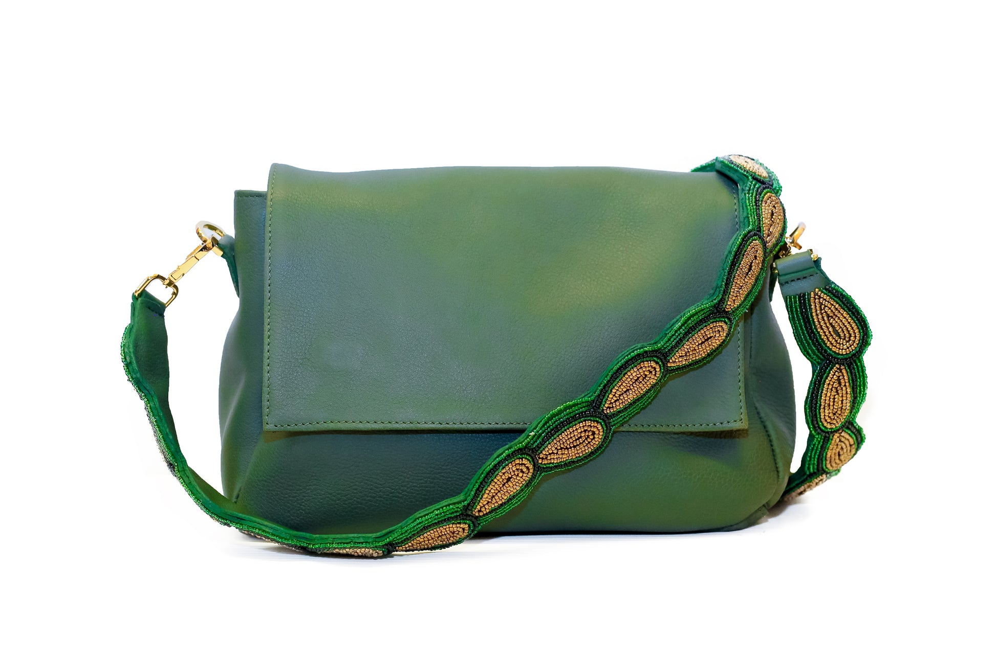 Providence bag in bronze green smooth leather with Maasai beaded crossbody strap