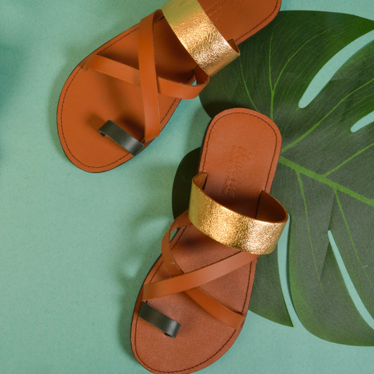 Crissy sandals in caramel smooth leather, green smooth toe cross and gold foil leather