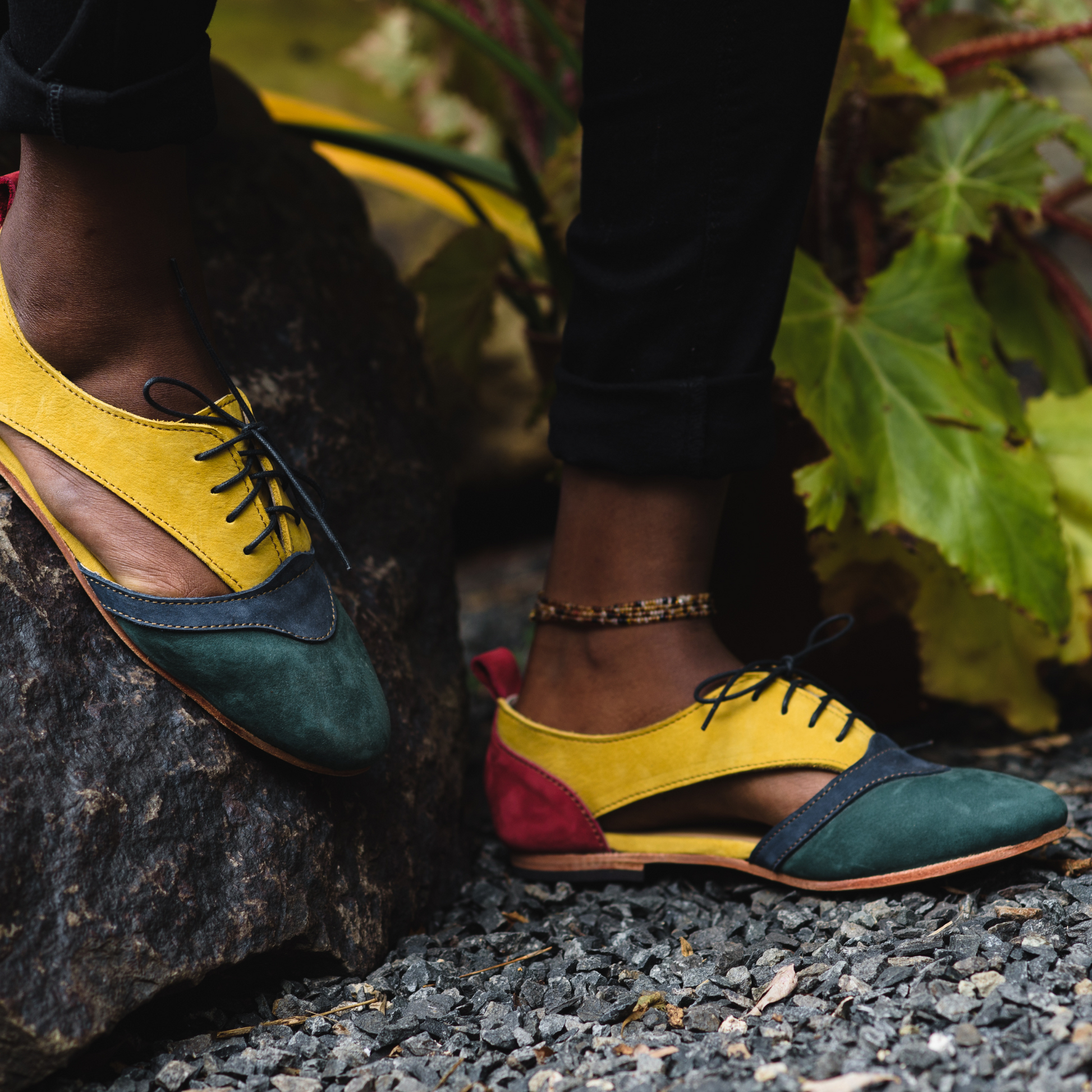 Alicia air with green, yellow and Roseberry hunting suede