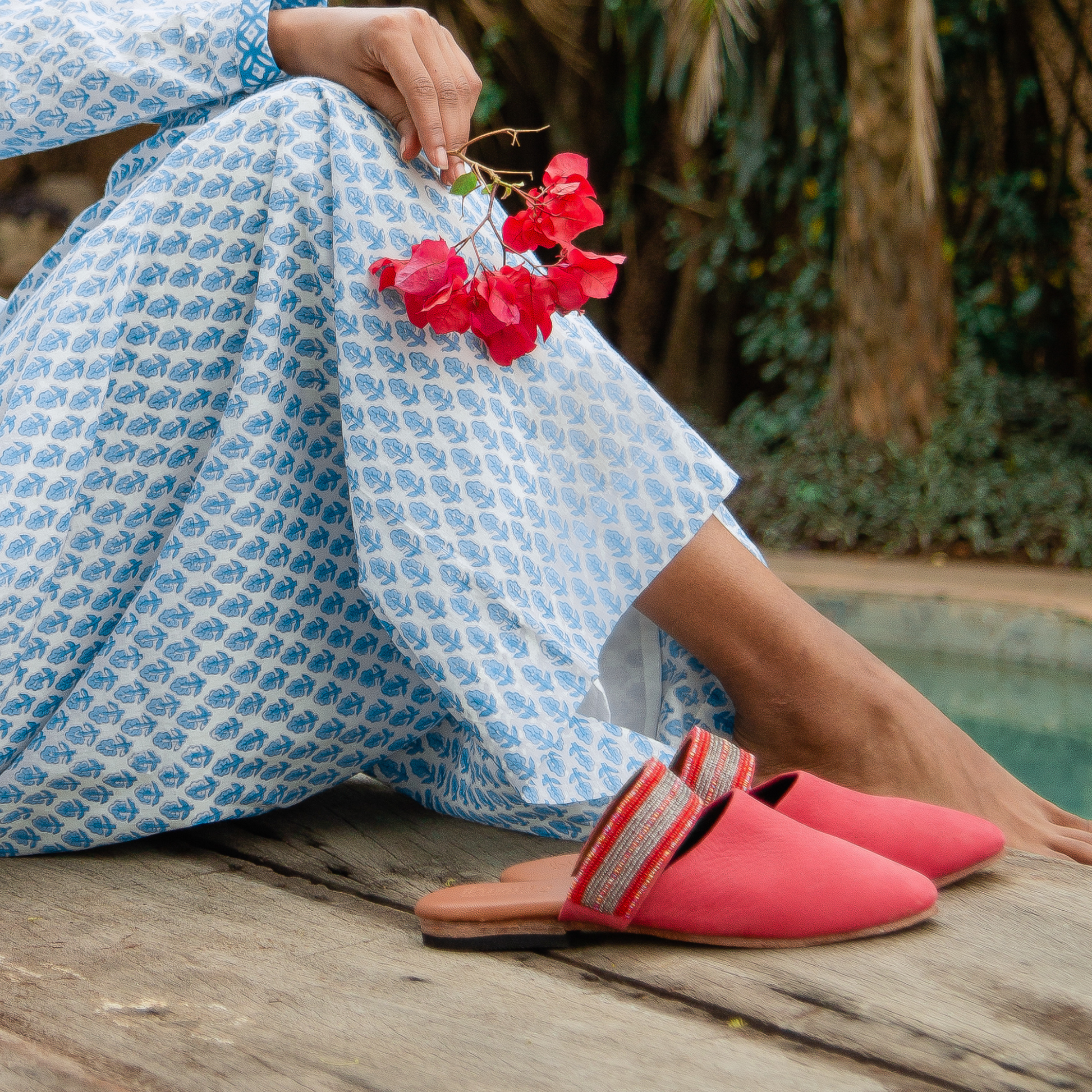 Beaded suede roseberry mule with leather sole