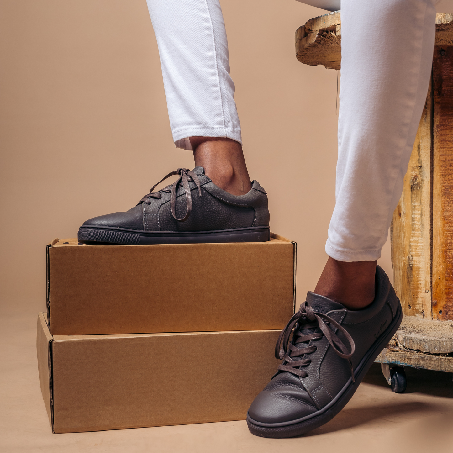 I am Kenyan sneakers in brown milled leather and royal sole