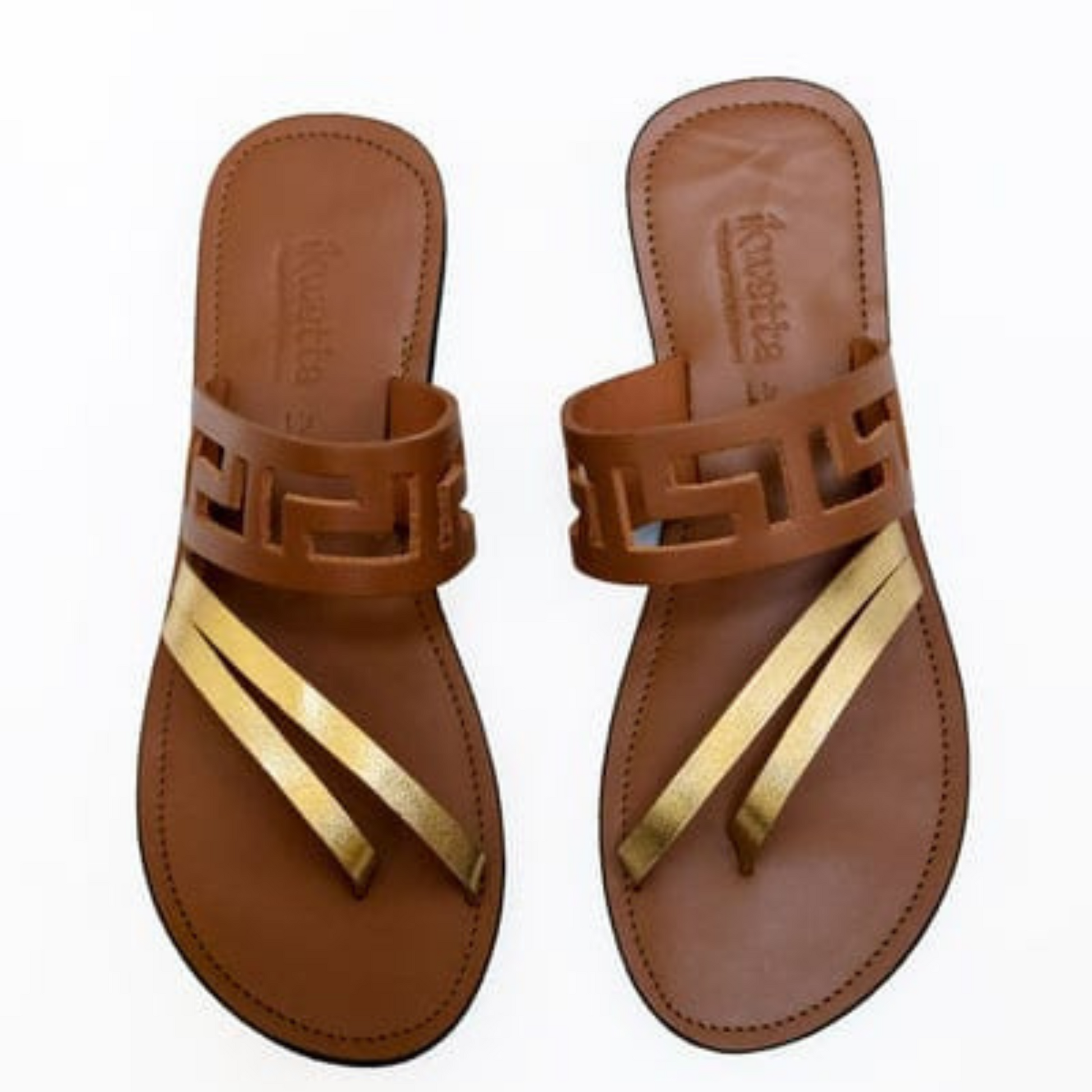 Halogen laser sandals in  caramel smooth leather and gold foil straps