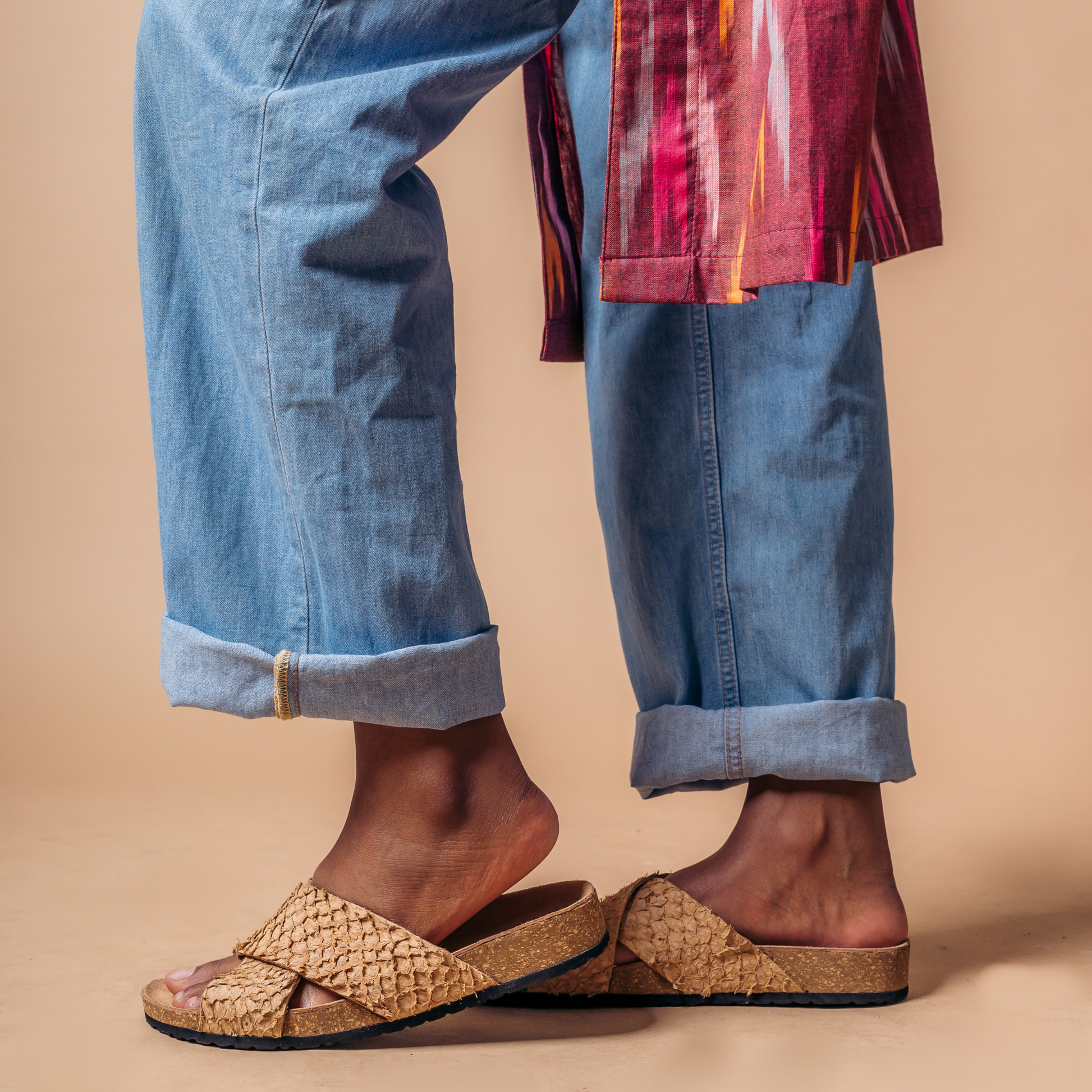 Samia cork sandals in honey fish leather with cork footbed.
