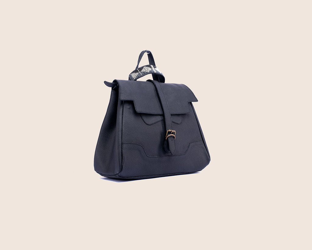 Meraki beaded bag black dried milled leather with backpack straps