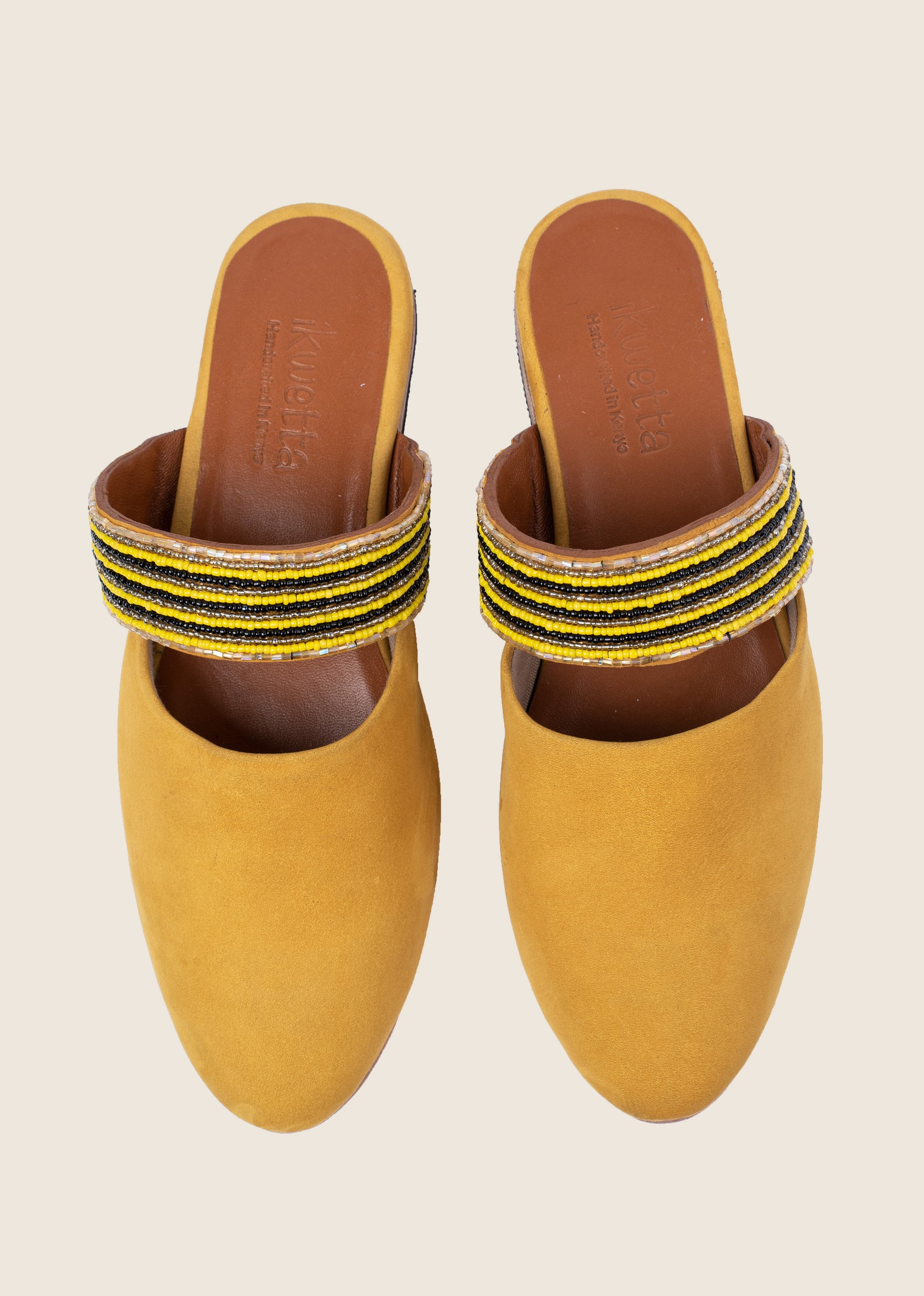 Beaded suede yellow mule with leather sole