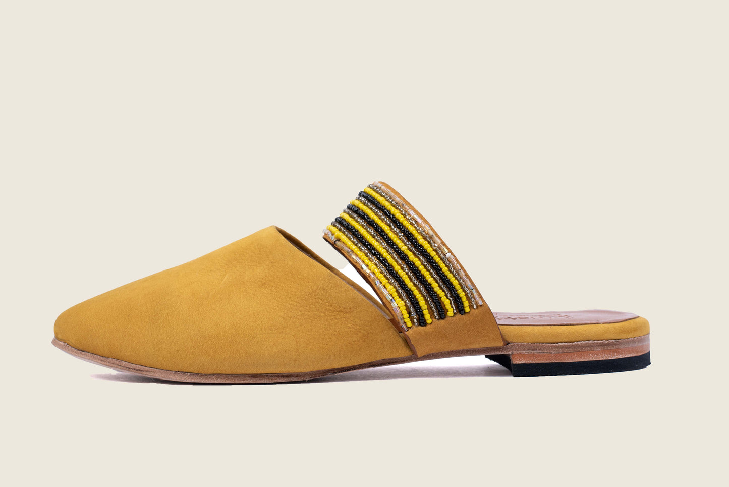 Yellow suede leather mules with beaded strap and leather sole