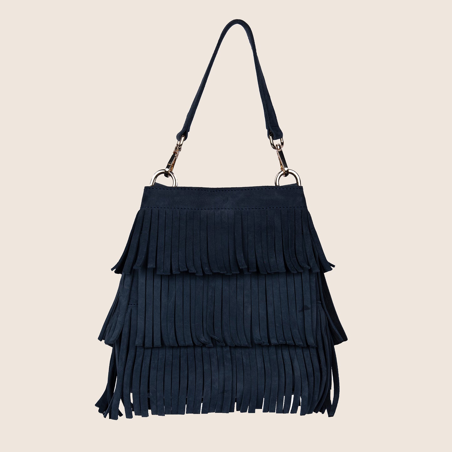 Fringe Bucket Bag  in navy blue hunting suede with removable crossbody straps.