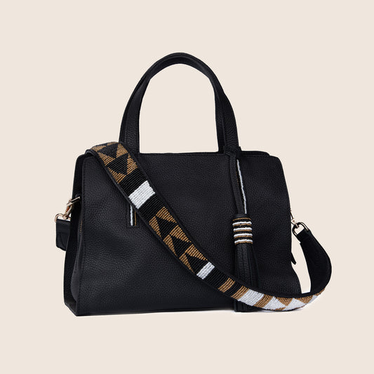 Kate bag in black milled leather and with Maasai beaded strap.