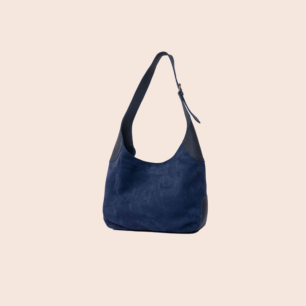 Rebecca ray in navy blue hunting suede and milled leather