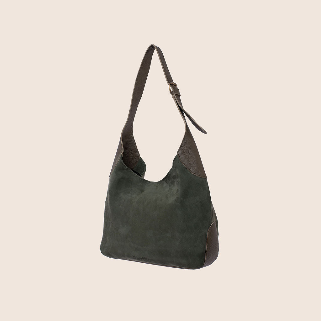 Rebecca ray in olive hunting suede and milled leather