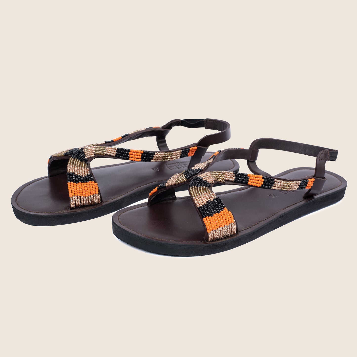 Alina sandals in Brown smooth and Maasai beaded upper straps