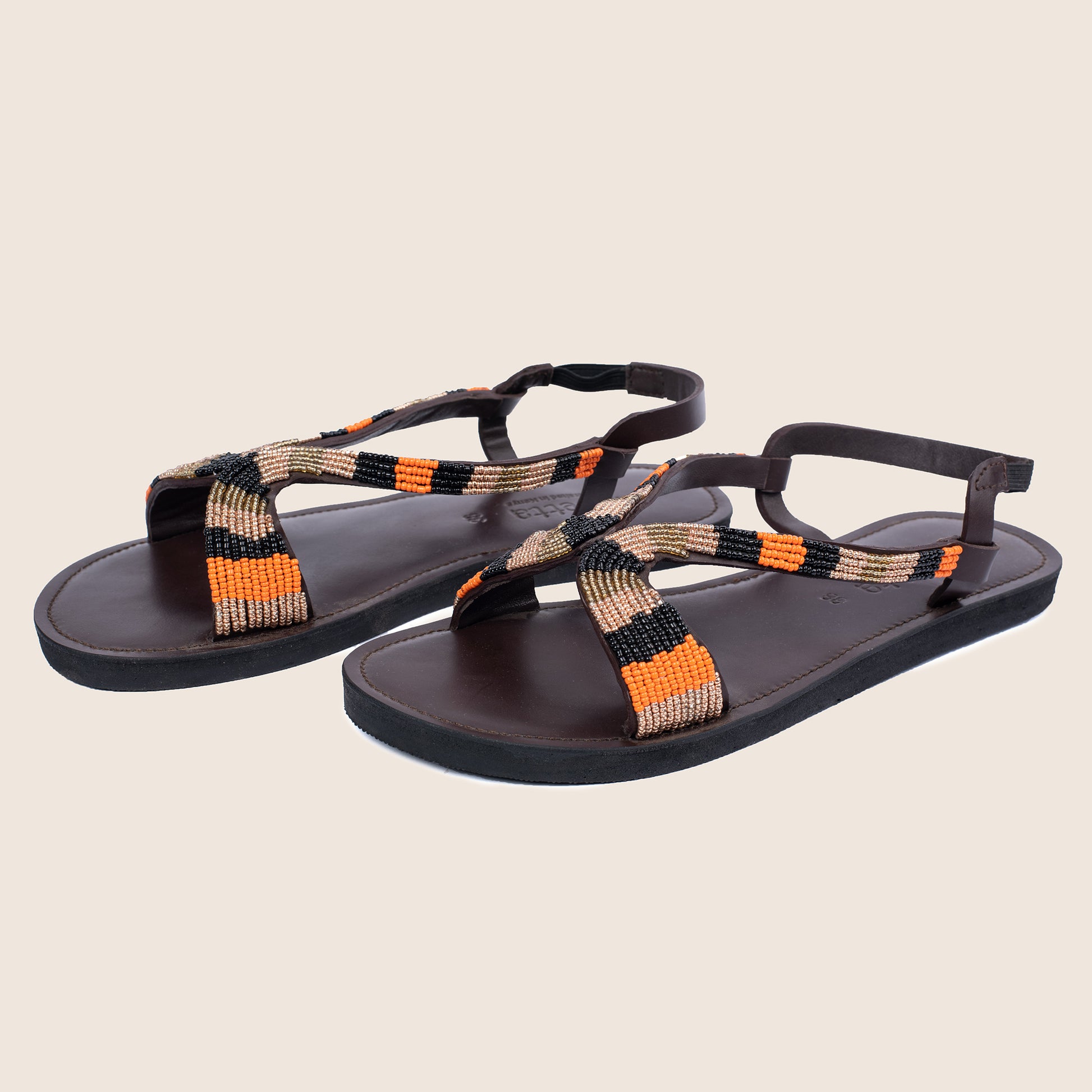 Alina sandals in Brown smooth and Maasai beaded upper straps
