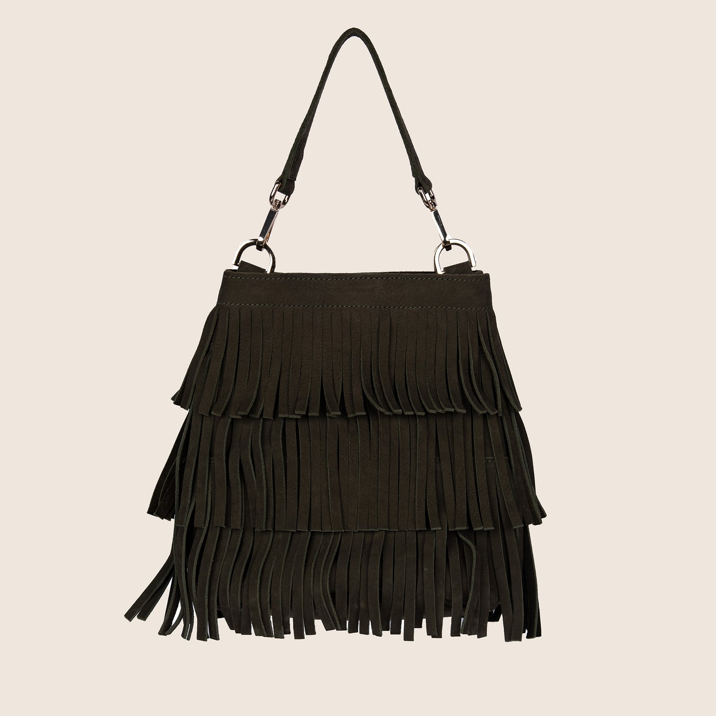 Fringe Bucket Bag in black hunting suede with removable crossbody straps.