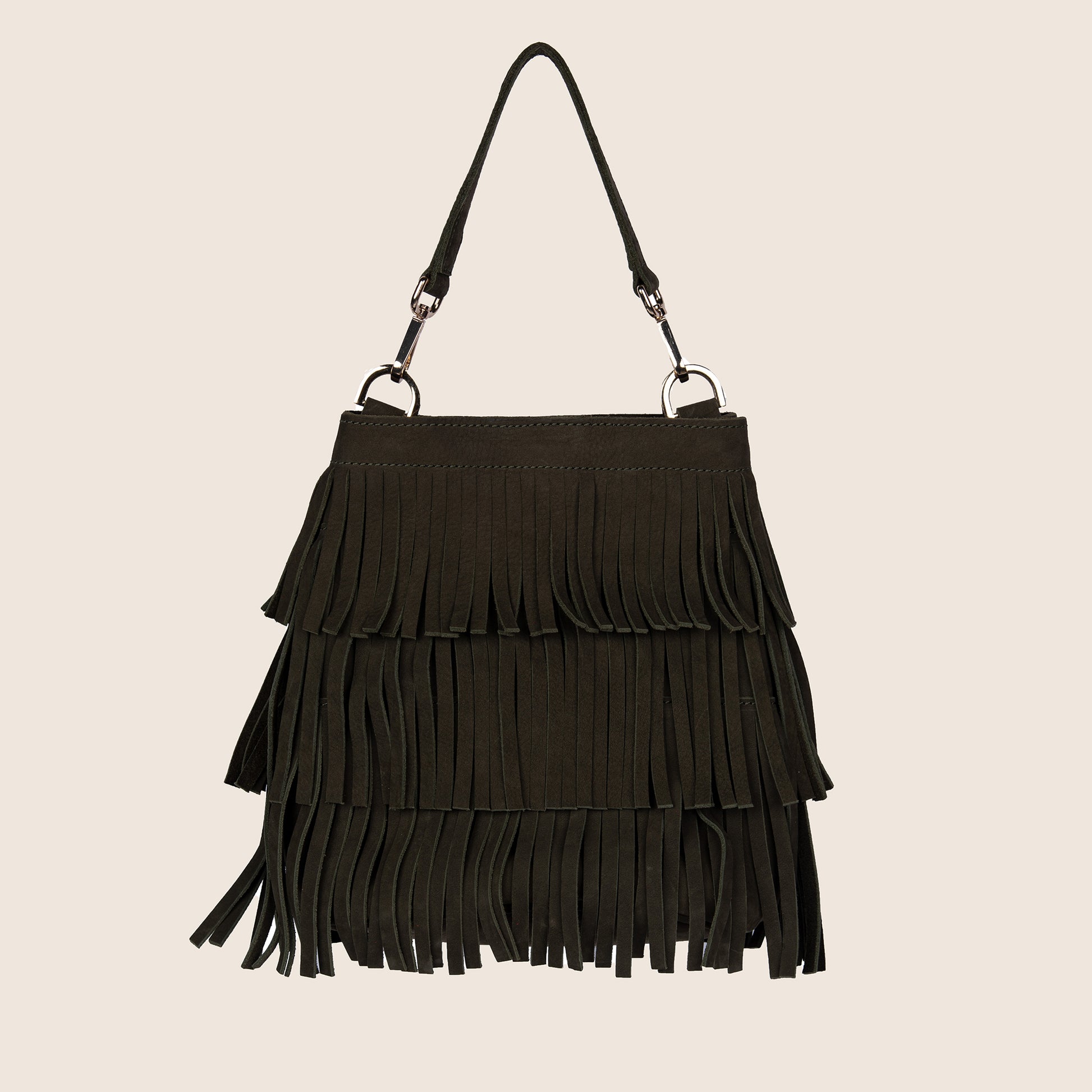 Fringe Bucket Bag in black hunting suede with removable crossbody straps.