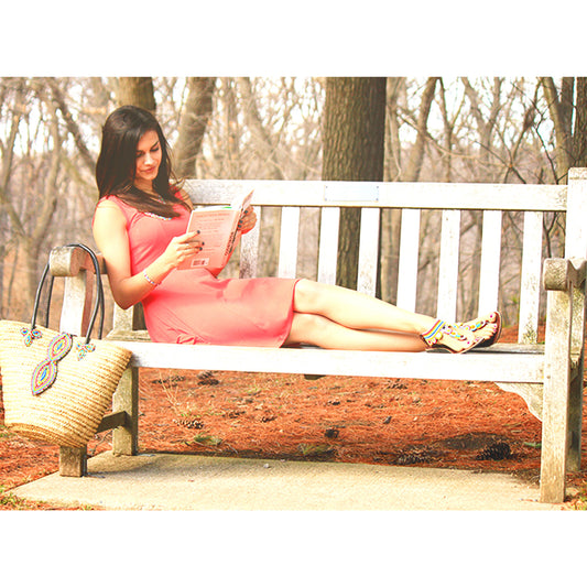 Kikoy beach bag with sisal, leather top handles and Maasai beaded flap